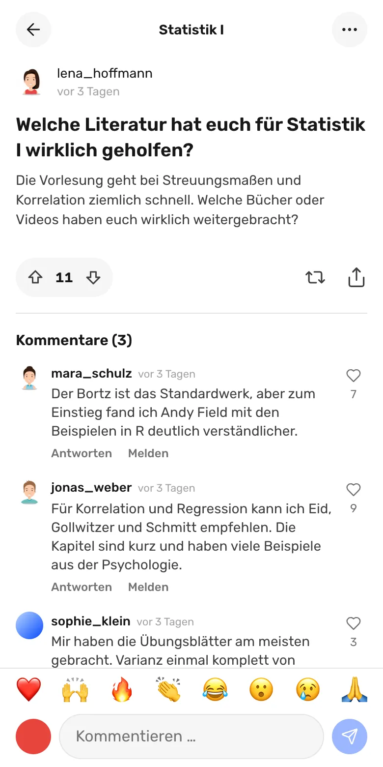 Diskussion mit Literaturtipps für Statistik I, mit Antworten aus dem Kurs