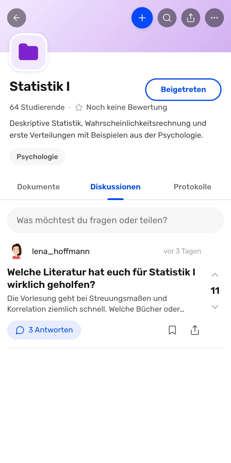 Kurs Statistik I, Tab Diskussionen mit der angehefteten Frage nach hilfreicher Literatur