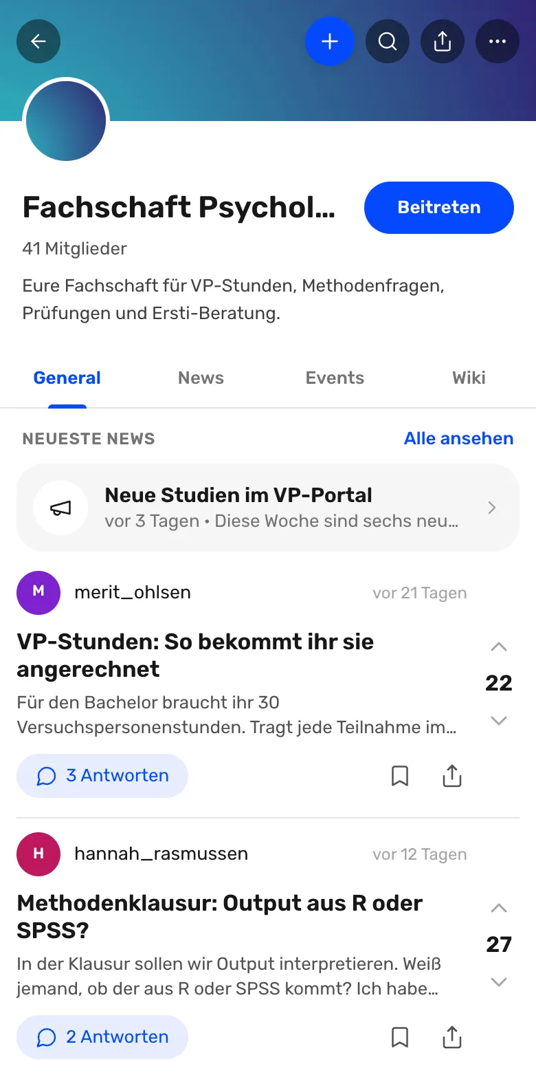 Fachschafts-Community in der Studyclout-App: Fachschaft Psychologie mit neuester News, Beiträgen und den Tabs News, Events und Wiki