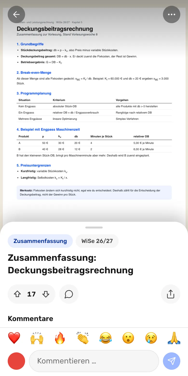 Shared summary on contribution margin accounting in the document viewer