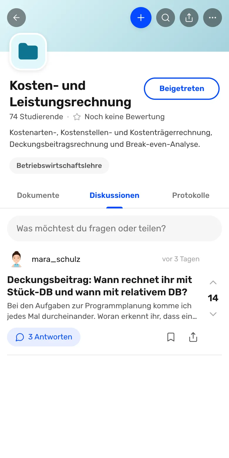 Kosten- und Leistungsrechnung course, Discussions tab with the pinned question on contribution margins