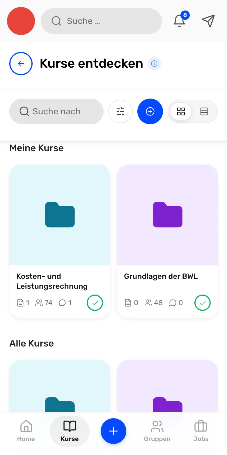 StudyClout course list: My courses with Kosten- und Leistungsrechnung (cost accounting) and Grundlagen der BWL
