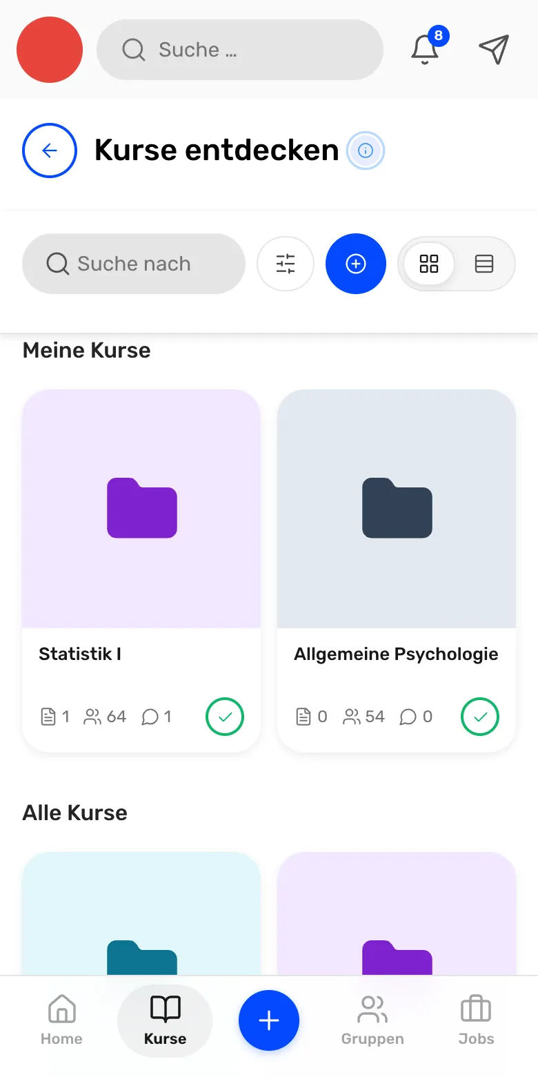 Kursübersicht in der Studyclout-App mit den Psychologie-Kursen Statistik I und Allgemeine Psychologie